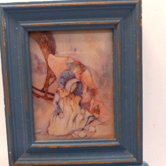 VINTAGE Sandra Bunton Water Color Wood Framed Painting Faceless Girl or Doll